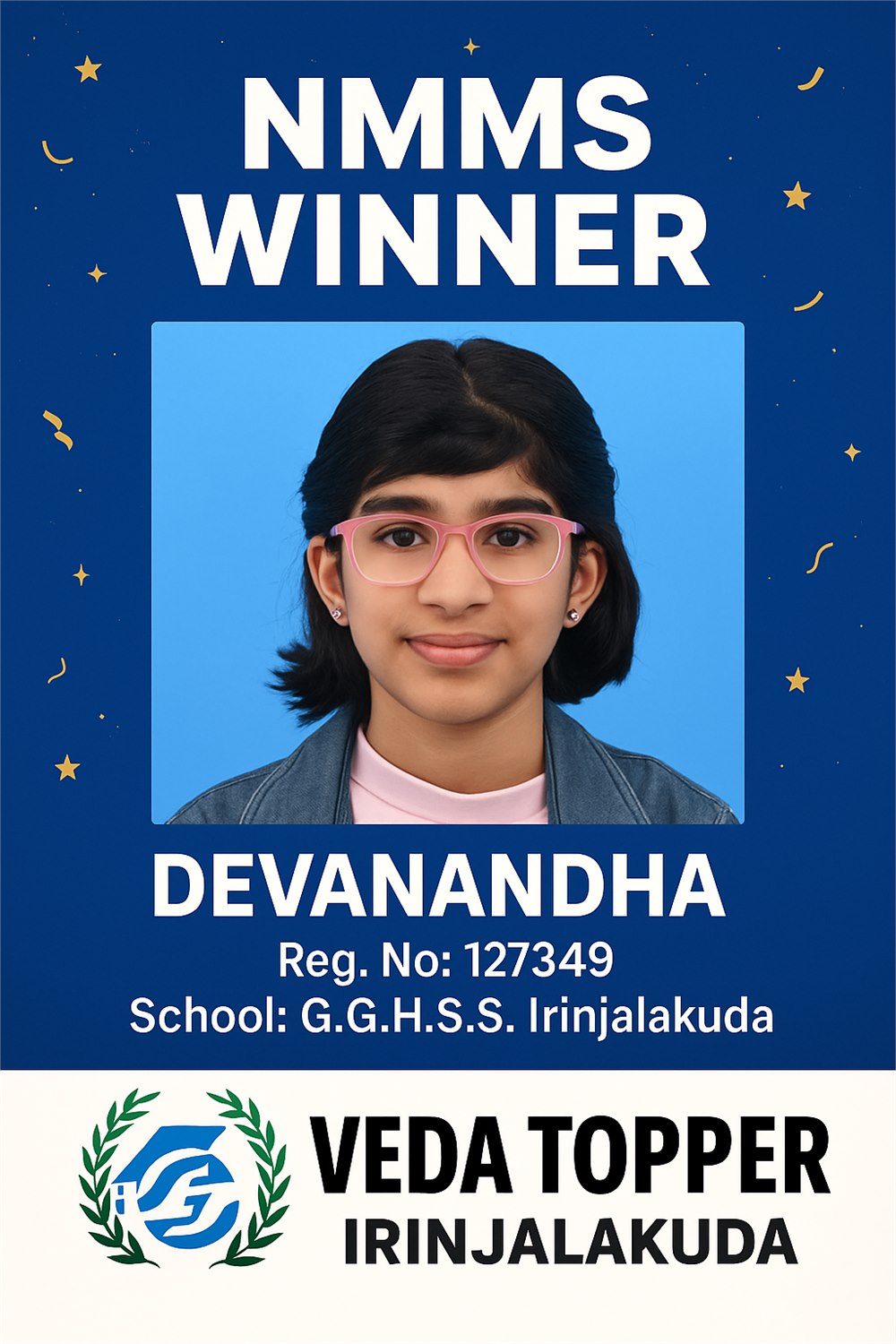 Devanandha NMMS winner Veda Topper achievement card